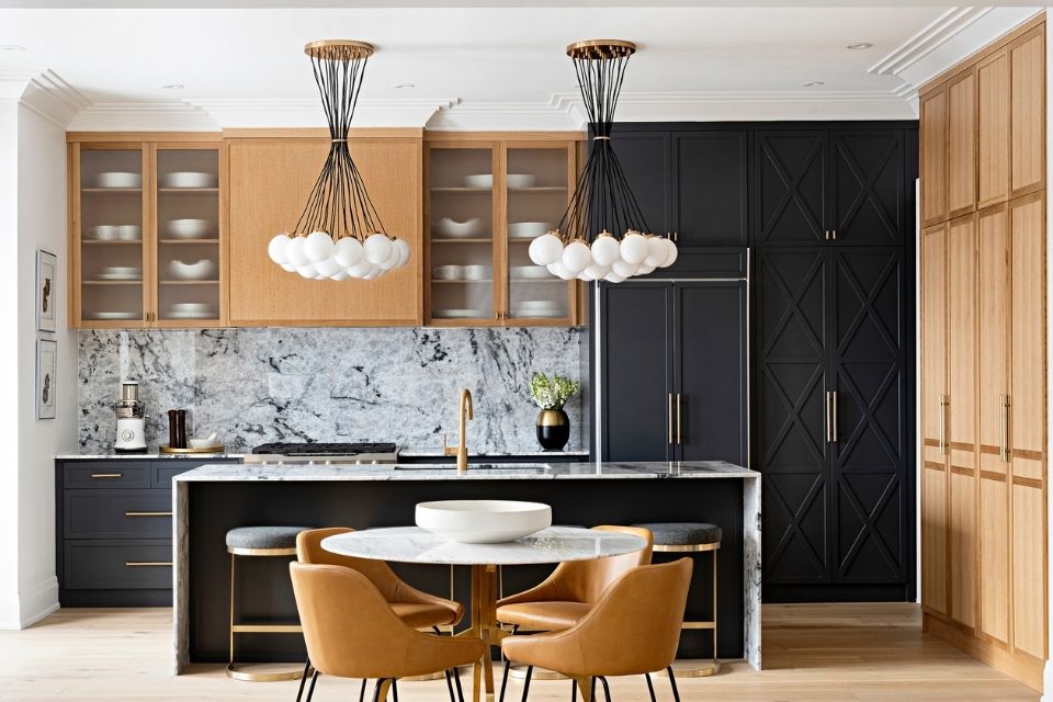 Oak and matte black cabinets in a mid-century modern kitchen 